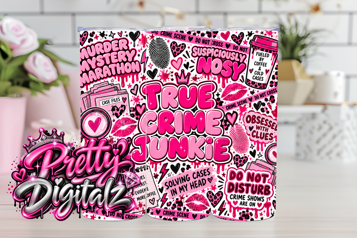 True Crime Junkie Tumbler Wrap Bundle | 8 Pink Crime PNG Designs | 20oz Sublimation Digital Download