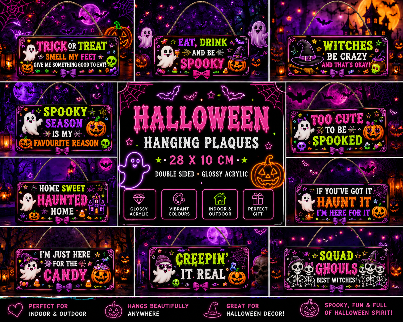 Halloween Acrylic Sign PNG Bundle | Neon Halloween Door Sign Designs | 28 x 10cm Hanging Plaque Templates | Spooky Digital Download | Sublimation & UV DTF set of ten