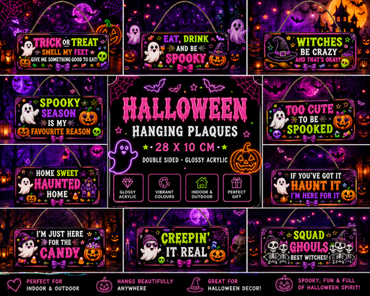 Halloween Acrylic Sign PNG Bundle | Neon Halloween Door Sign Designs | 28 x 10cm Hanging Plaque Templates | Spooky Digital Download | Sublimation & UV DTF set of ten