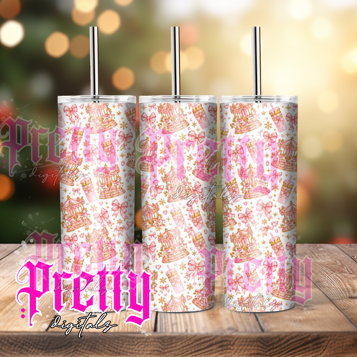6 Pink Carousel Tumbler Wrap Bundle | Coquette Christmas PNGs | 20oz Skinny Tumbler Sublimation Designs