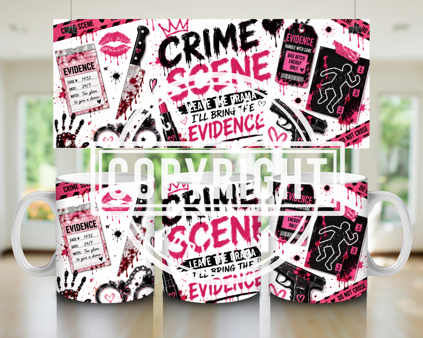 Pink & Black Crime Scene Mug Wrap Bundle | True Crime Sublimation PNG Designs | 11oz Mug Wraps | Girly Crime Digital Download