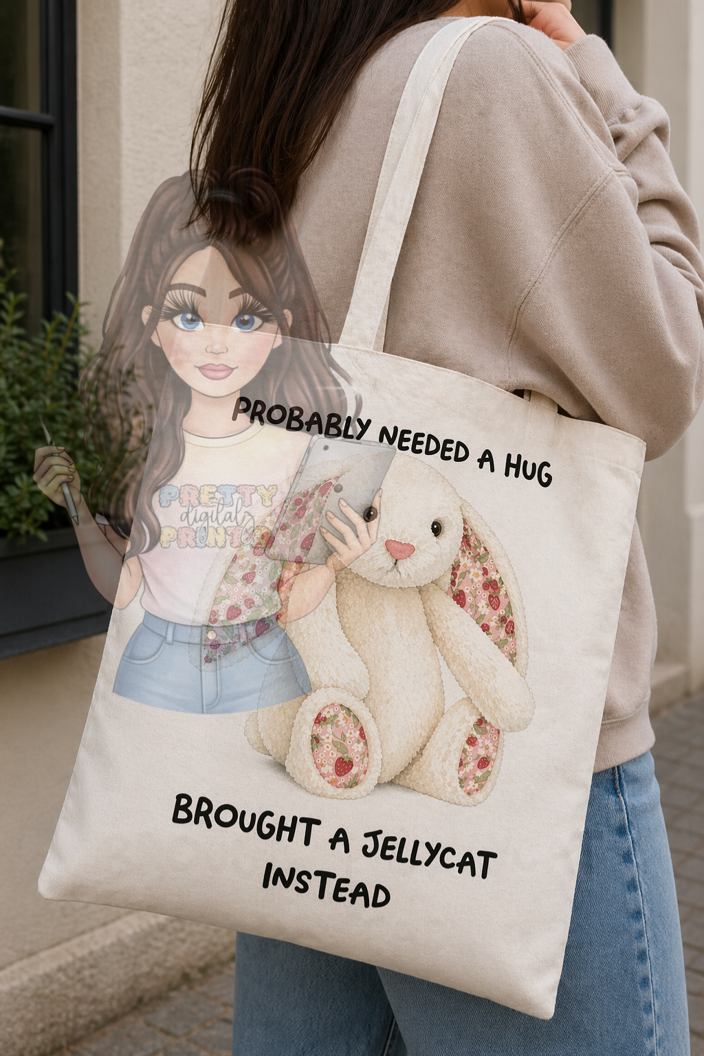 Jelly Teddy Inspired Tote Bag | Cute Mum Tote | Funny “Probably Needed a Hug” Bag | Aesthetic Cotton Shopper | Gift for Mum | Cute Plush Style Bag