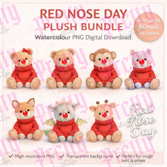 Red Nose Day Plush Animal Bundle PNG – Watercolour Nursery Animals Digital Download + FREE Mockup