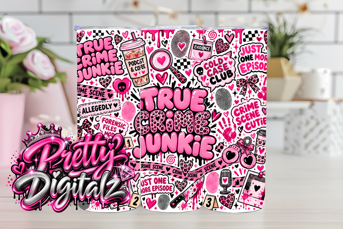 True Crime Junkie Tumbler Wrap Bundle | 8 Pink Crime PNG Designs | 20oz Sublimation Digital Download