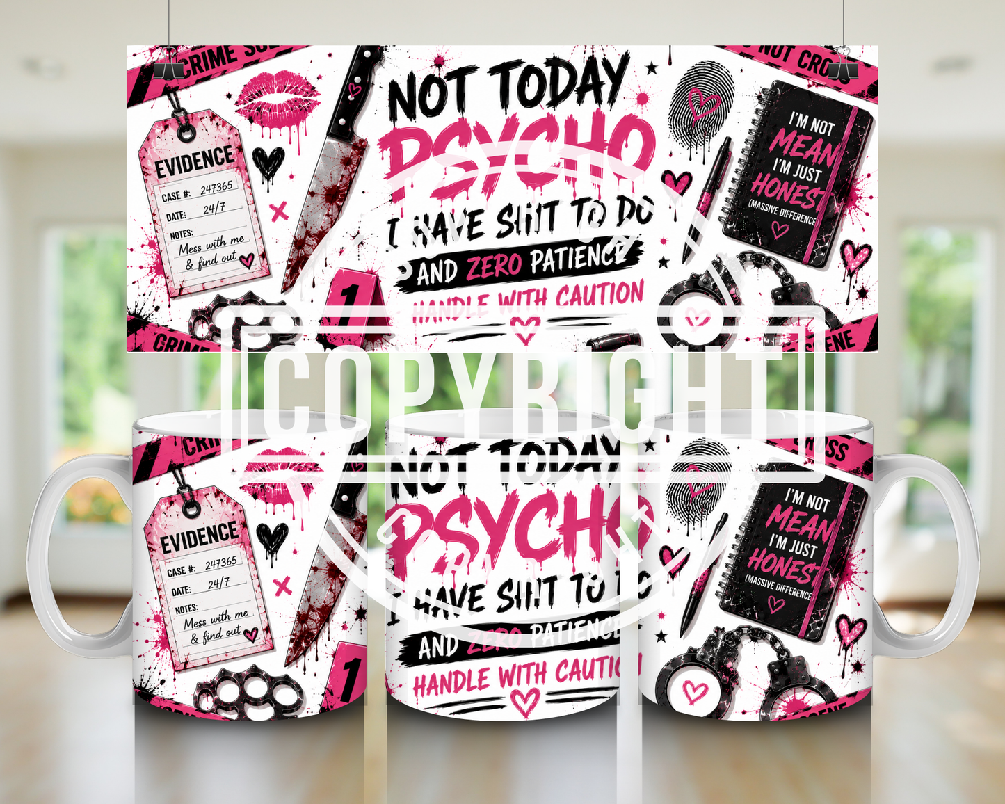 Pink & Black Crime Scene Mug Wrap Bundle | True Crime Sublimation PNG Designs | 11oz Mug Wraps | Girly Crime Digital Download