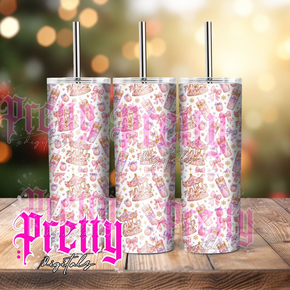 6 Pink Carousel Tumbler Wrap Bundle | Coquette Christmas PNGs | 20oz Skinny Tumbler Sublimation Designs