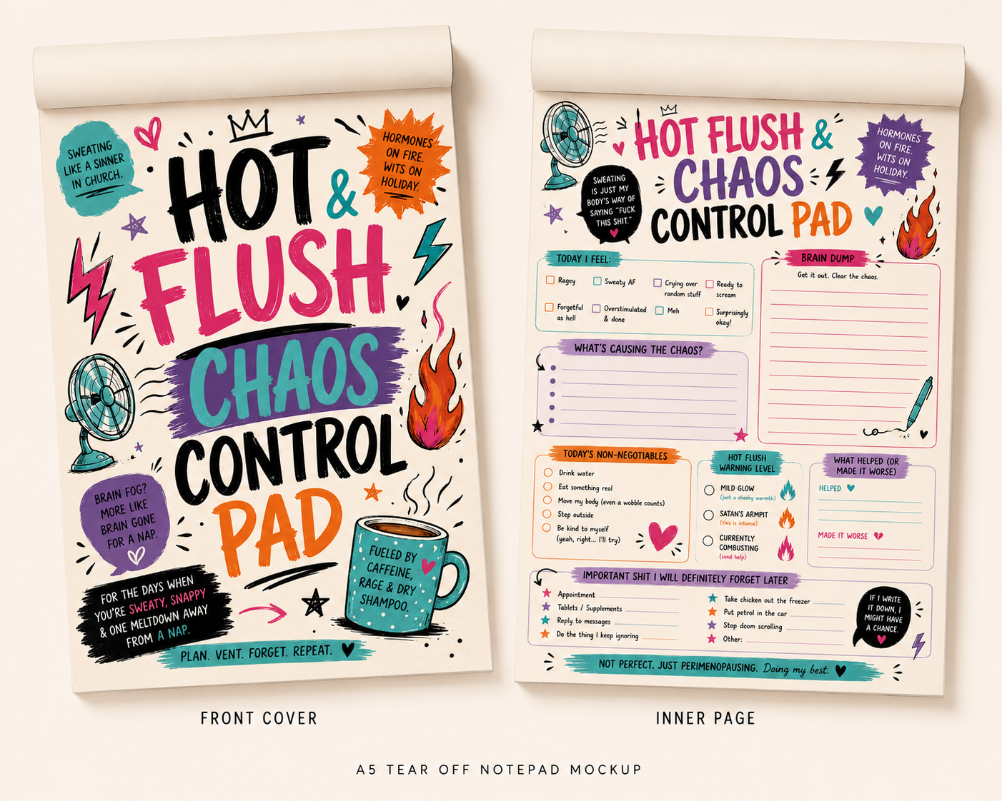 5 x Funny Menopause & Perimenopause A5 Notepad Bundle | Sweary Brain Dump Pads | Printable PDF Planner Pages | Instant Digital Download
