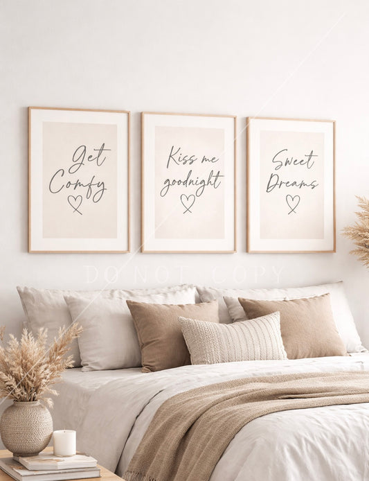 Minimalist Bedroom Wall Art Set – Get Comfy, Kiss Me Goodnight & Sweet Dreams | Neutral Scandinavian Printable Bedroom Decor