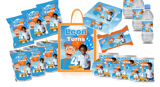 Blippi Inspired Personalised Party Pack Template | Editable Birthday Decorations Bundle | Chip Bags, Water Bottle Labels, Treat Wrappers, Capri Sun Labels & Party Favor Stickers | Instant Download