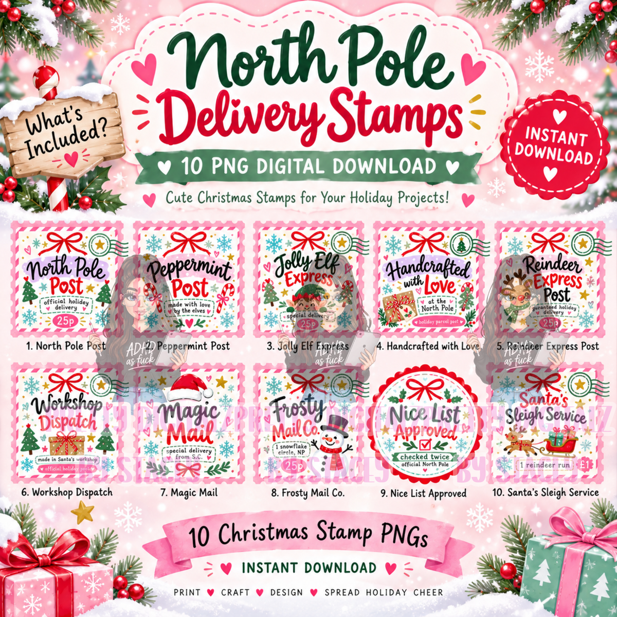 North Pole Delivery Stamps PNG Bundle | 10 Christmas Digital Stamps | Instant Download + Free Mock Ups