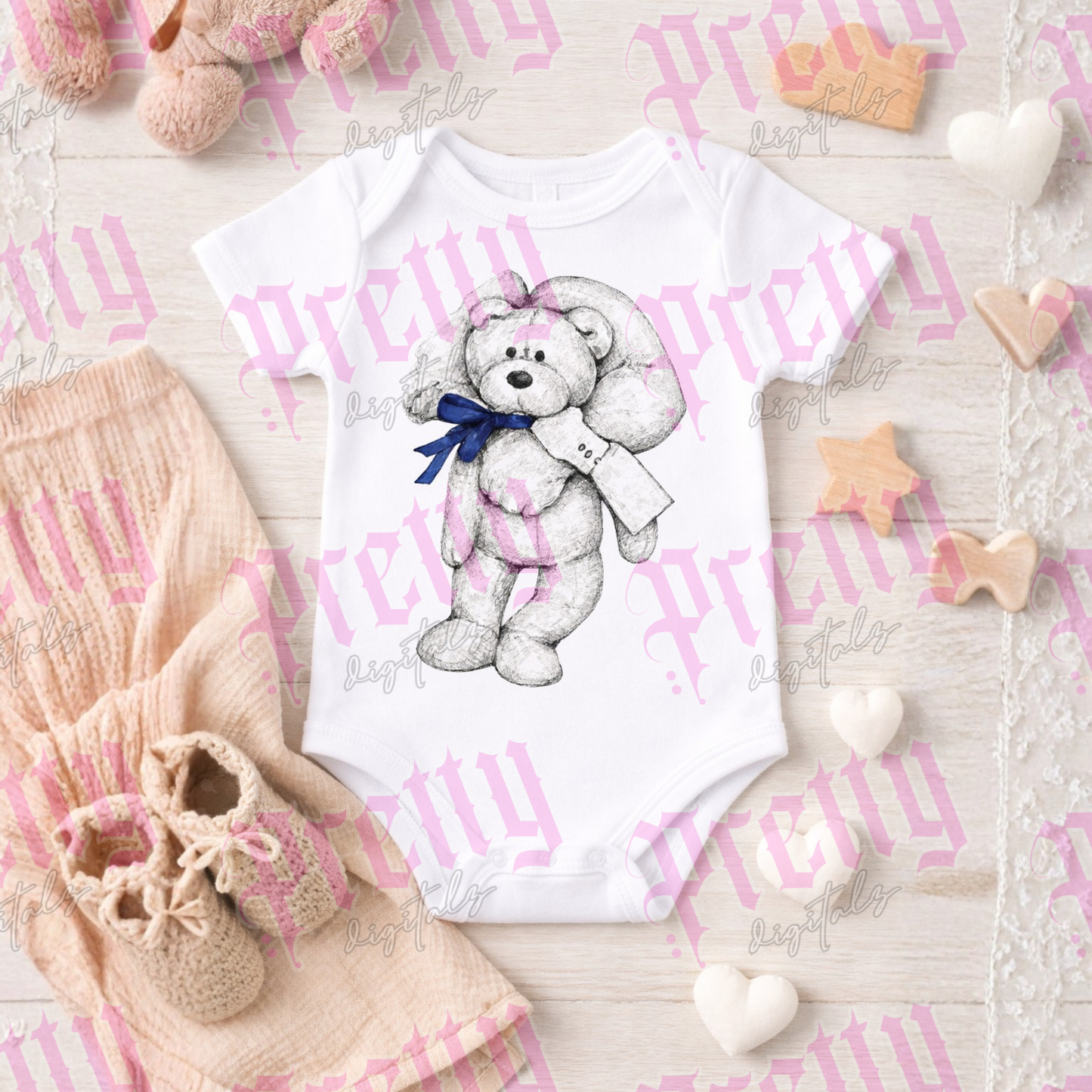 Vintage Sketch Teddy Bear PNG – Watercolour Bow Digital Download for Sublimation & DTF