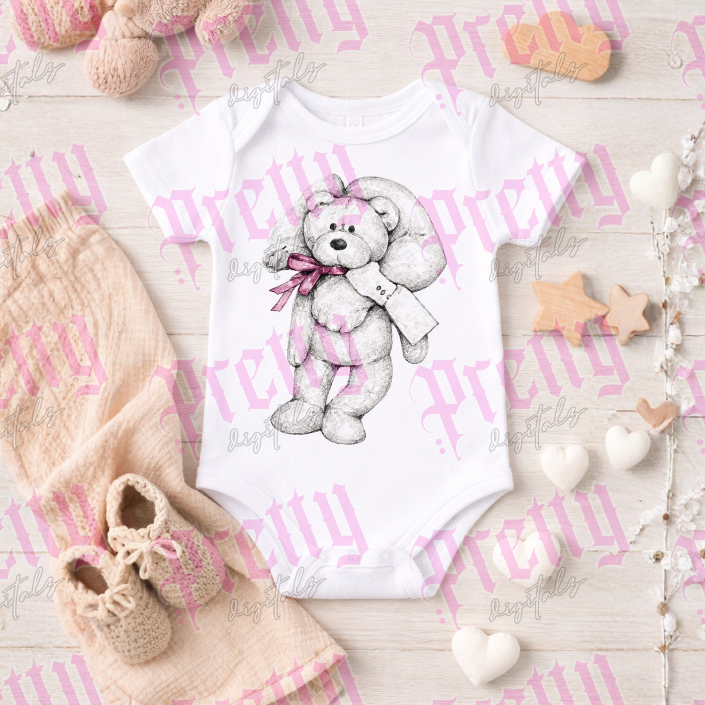Vintage Sketch Teddy Bear PNG – Watercolour Bow Digital Download for Sublimation & DTF