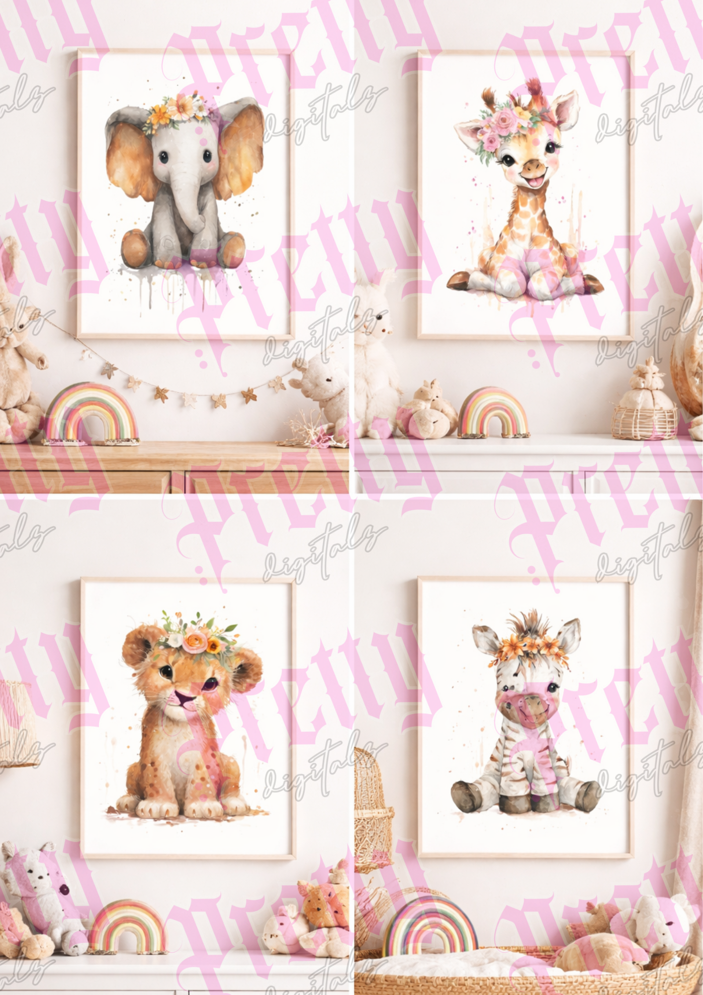 Safari Baby Watercolour Animals – Set of 4 Floral Nursery PNG Prints (Elephant, Giraffe, Lion & Zebra)