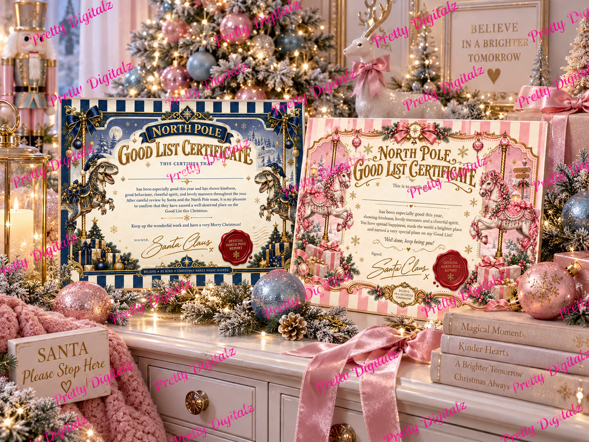 Luxury North Pole Good List Certificates | Pink Carousel & Blue Dinosaur Christmas Designs | Digital Download