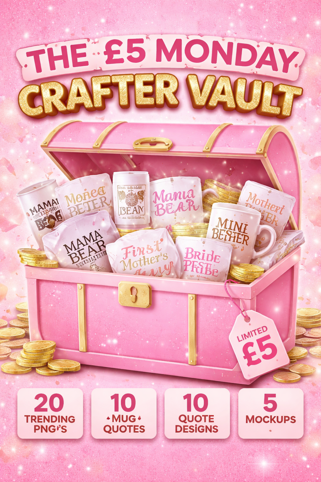 £5 Monday Crafter Vault | 20 Trending PNGs, 10 Mug Quotes, 10 Quote Designs + 5 Mockups | Sublimation & DTF Digital Bundle