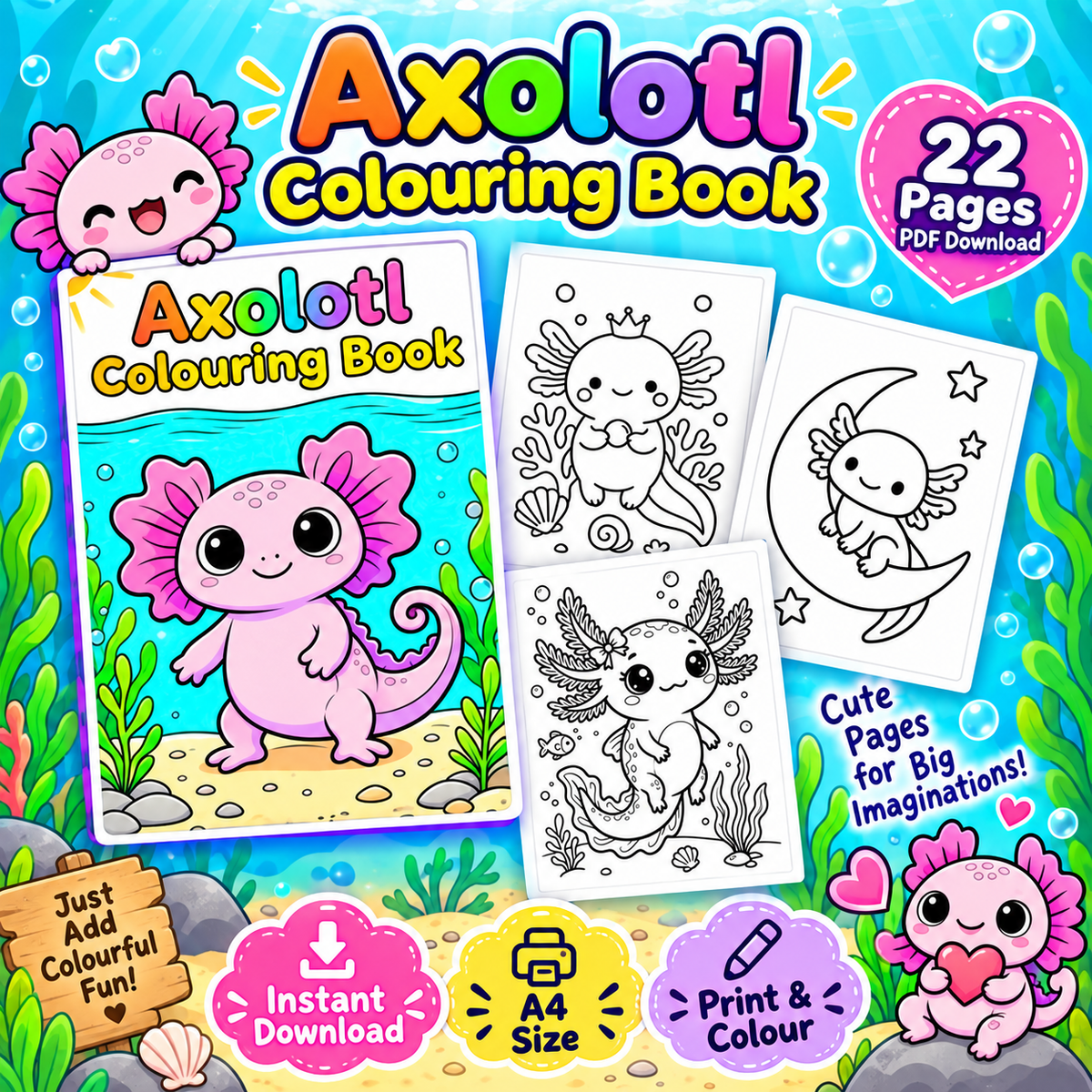 Axolotl Colouring Book | 22 Page Printable PDF | Cute Kids Colouring Pages | Instant Digital Download