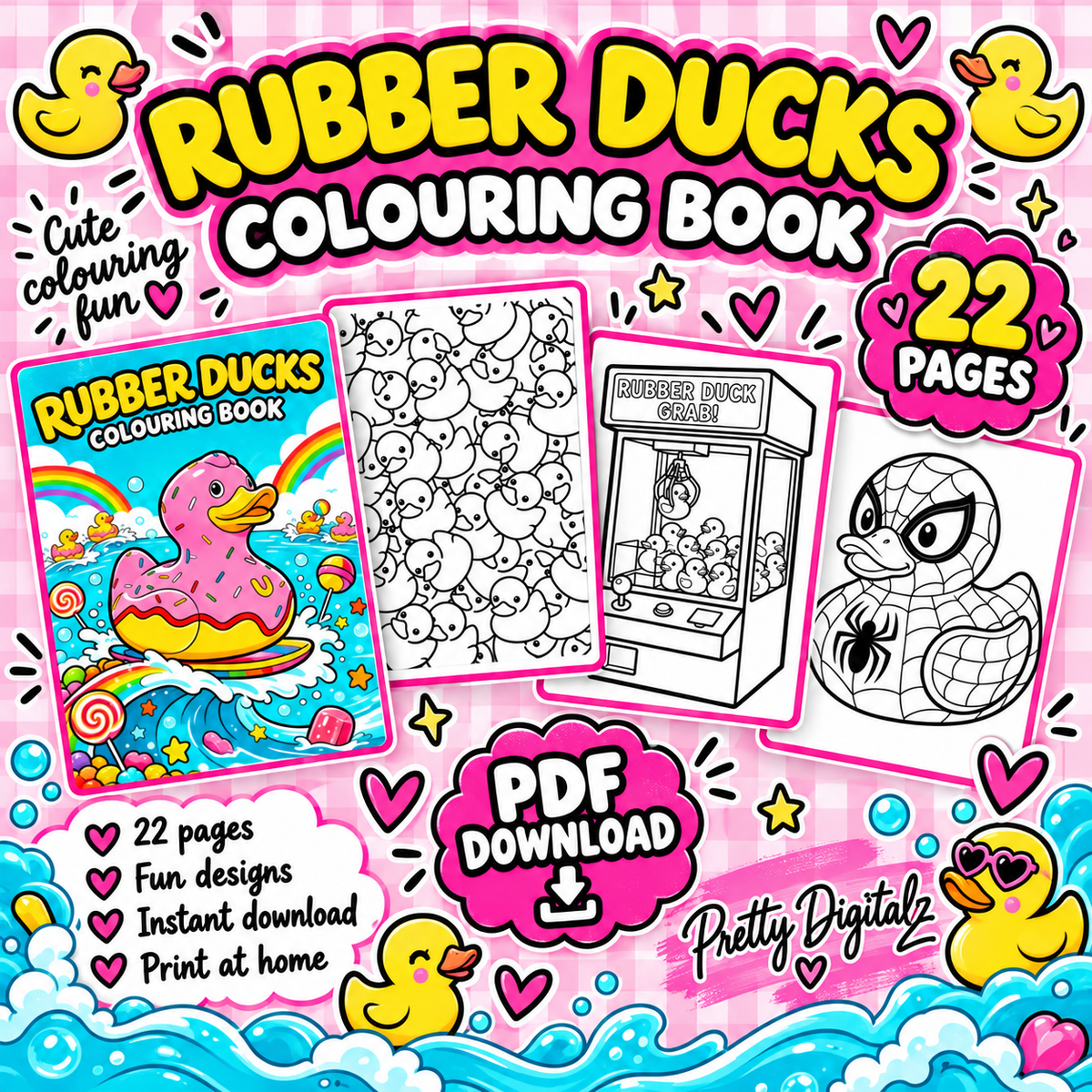 Rubber Ducks Colouring Book | 22 Page Kids Colouring PDF | Cute Duck Activity Book | Printable Digital Download