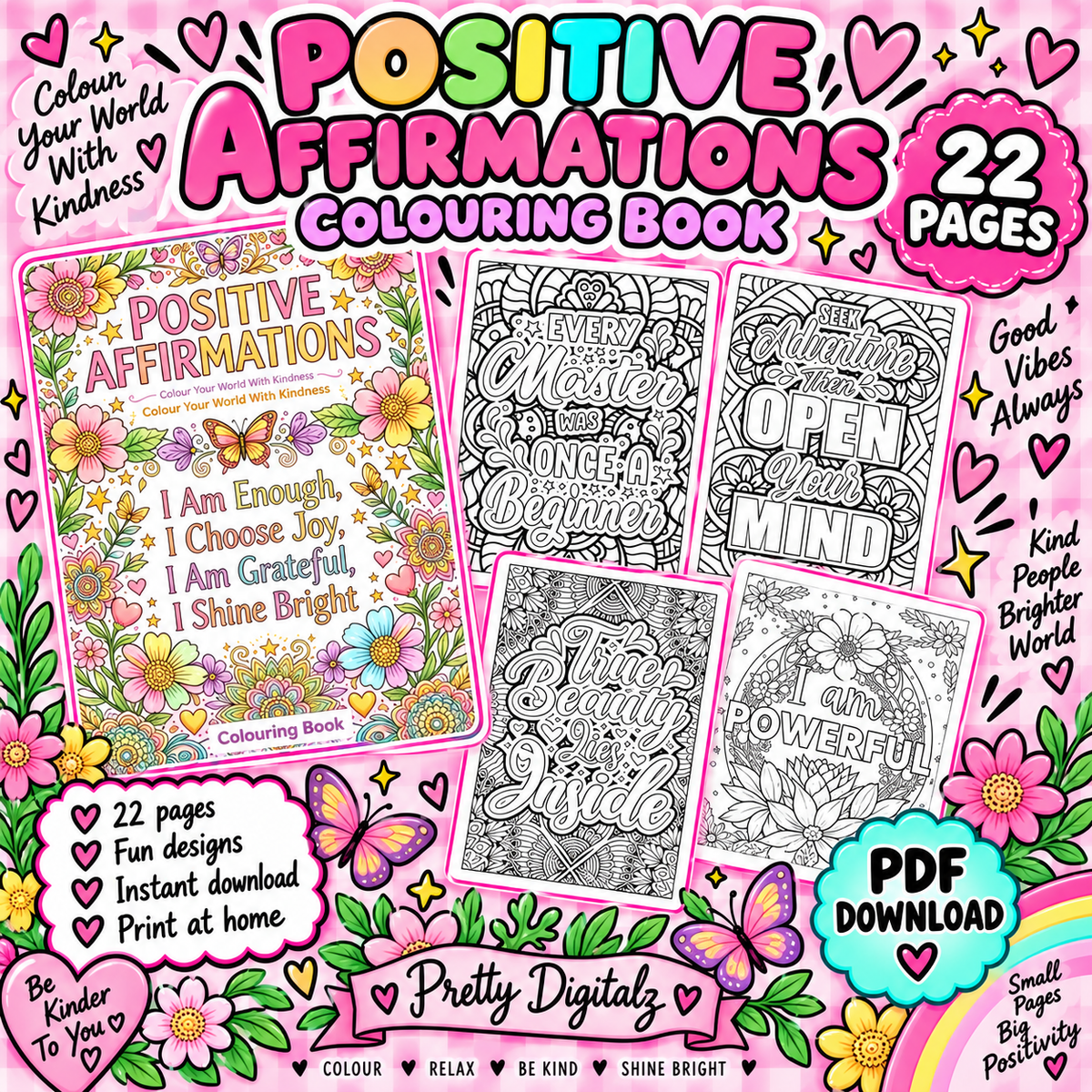 Positive Affirmations Colouring Book | 22 Page Printable PDF | Mindfulness & Motivational Colouring Pages | Digital