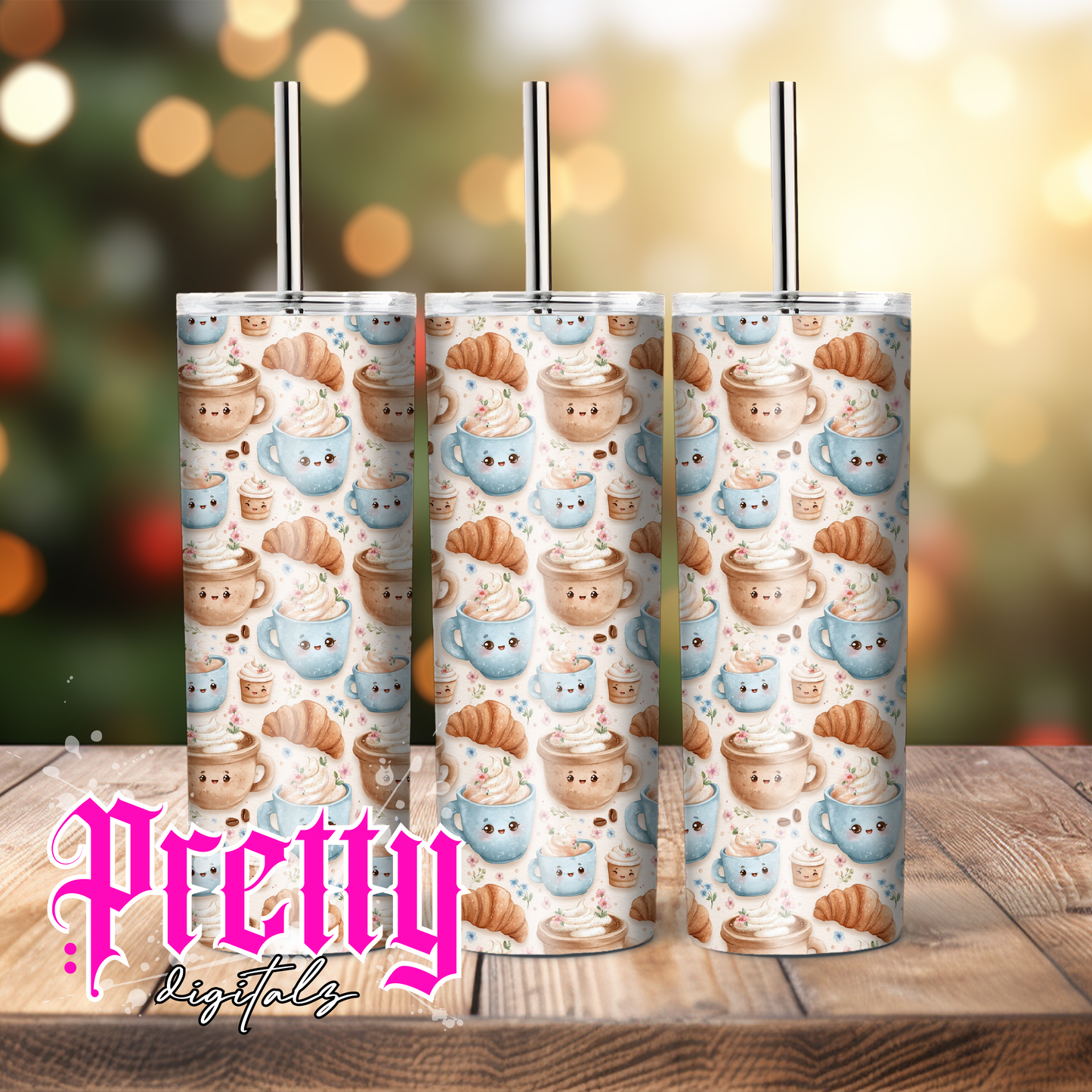 Cute Breakfast Coffee & Croissant Tumbler Wrap PNG | Kawaii Café Seamless 20oz Skinny Tumbler Design | Pastel Coffee Lover Sublimation Download