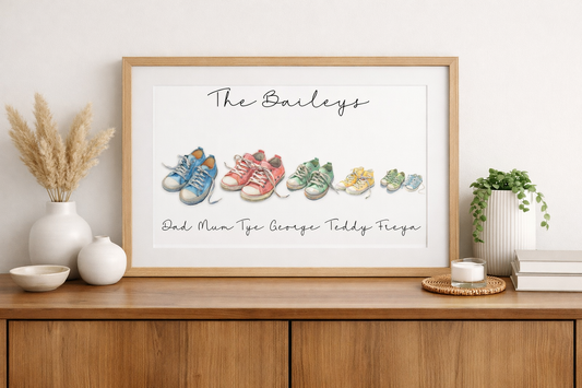 Personalised Family Canvas Pump Print Bundle – Set of 6 Watercolour Trainers | Custom Family Shoe Illustration PNG | Editable Family Wall Art