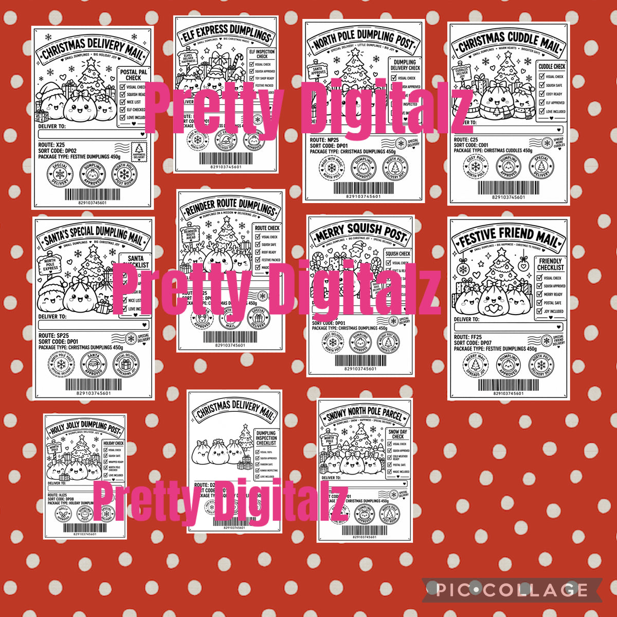 Christmas Dumpling Thermal Labels PNG Bundle | Set of 11 Printable 4x6 Christmas Labels | Instant Digital Download