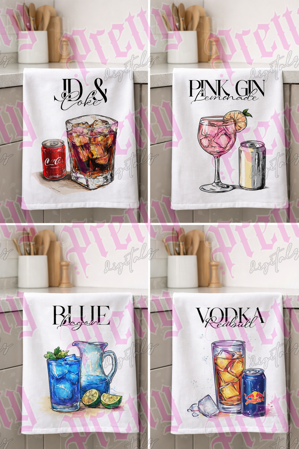 Cocktail Kitchen Tea Towel PNG Bundle – Set of 4 Alcohol Drink Illustrations – JD & Coke, Pink Gin Lemonade, Blue Lagoon & Vodka Energy Drink – Sublimation & Print Ready