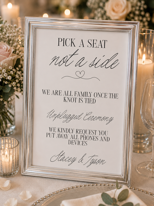 Pay What You Can Afford Wedding Signs | A4 & A3 Personalised Wedding Prints | Unplugged Ceremony Sign | Pick a Seat Not a Side | Welcome Wedding Sign | Wedding Reception Decor