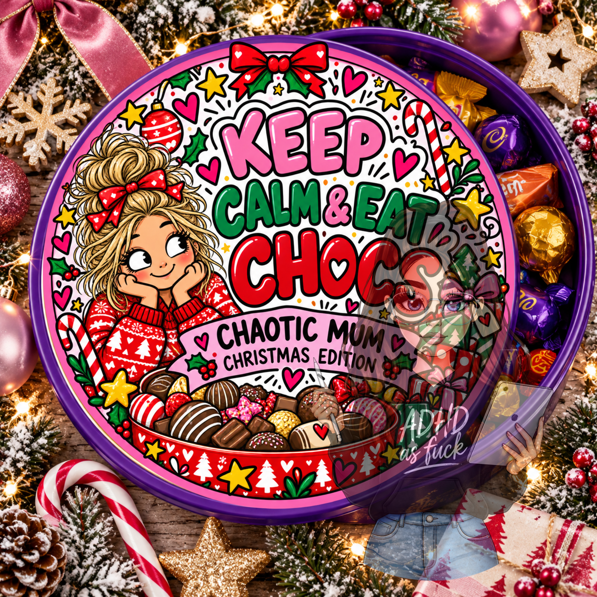 Chaotic Mum Christmas Chocolate Tub Stickers PNG Bundle | 9 Festive Mum Designs | Digital Download