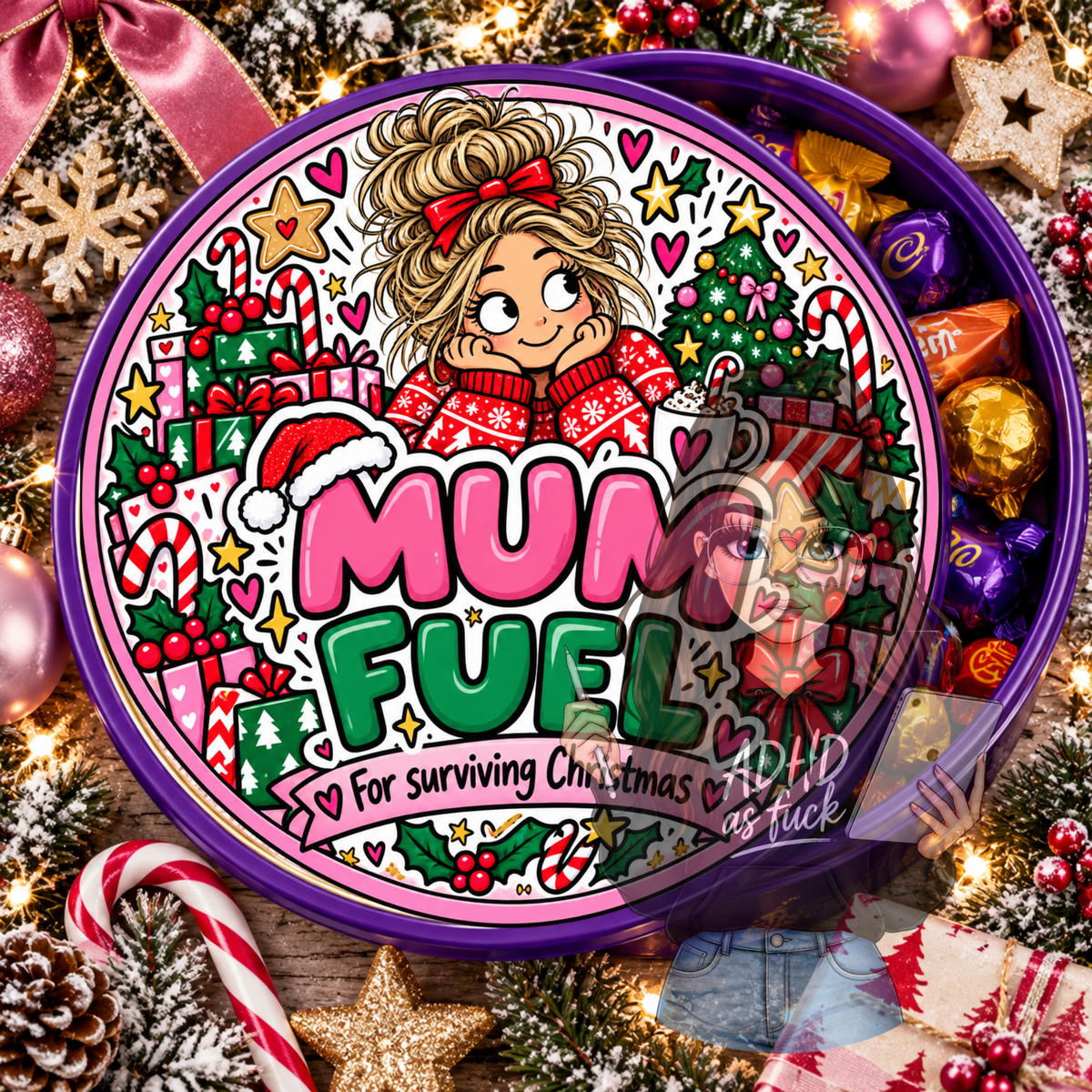 Chaotic Mum Christmas Chocolate Tub Stickers PNG Bundle | 9 Festive Mum Designs | Digital Download