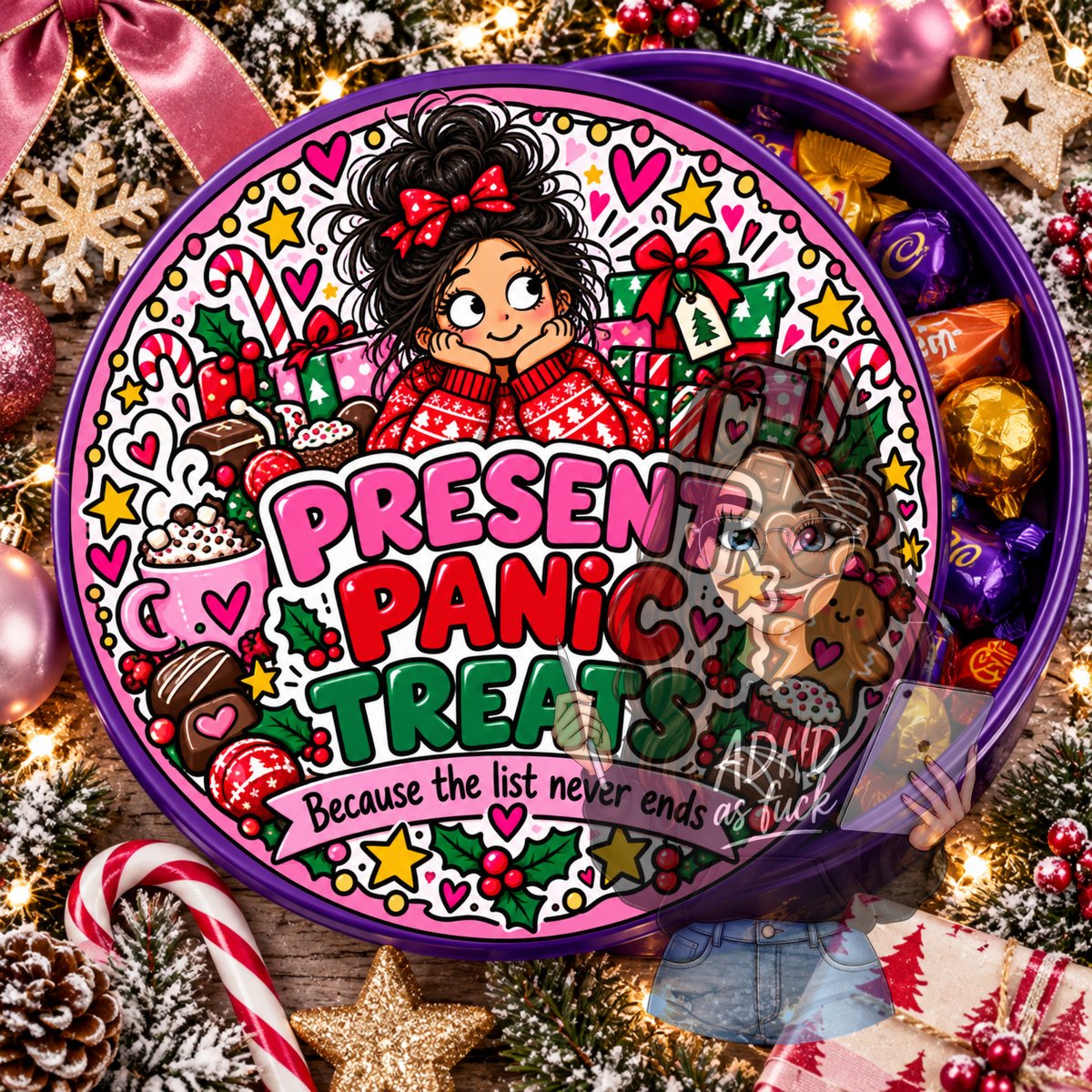 Chaotic Mum Christmas Chocolate Tub Stickers PNG Bundle | 9 Festive Mum Designs | Digital Download