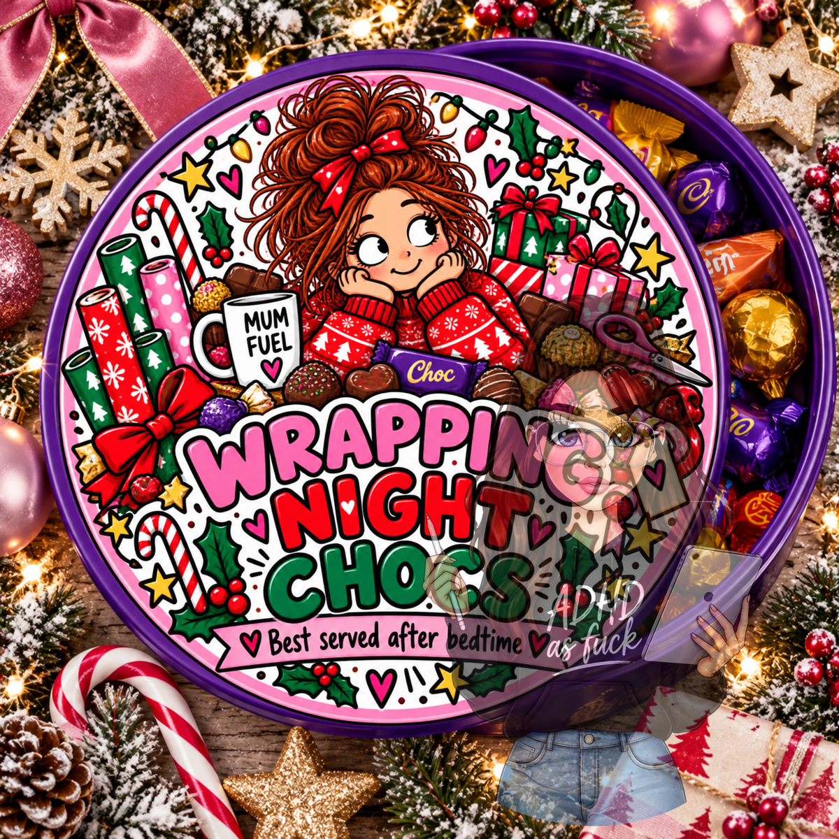 Chaotic Mum Christmas Chocolate Tub Stickers PNG Bundle | 9 Festive Mum Designs | Digital Download
