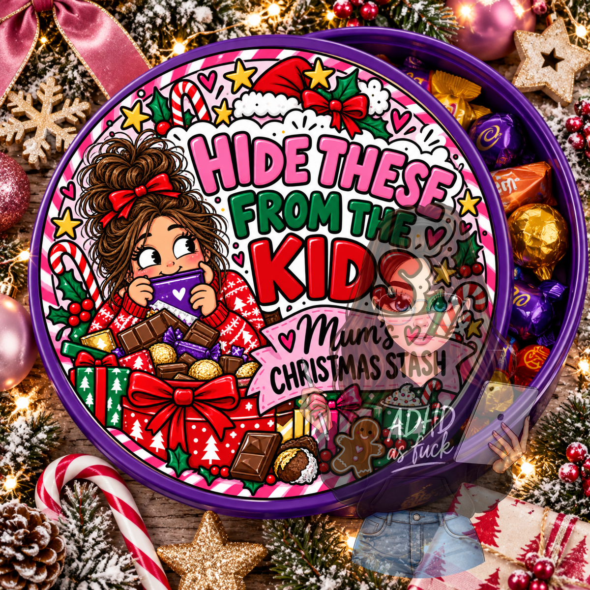 Chaotic Mum Christmas Chocolate Tub Stickers PNG Bundle | 9 Festive Mum Designs | Digital Download