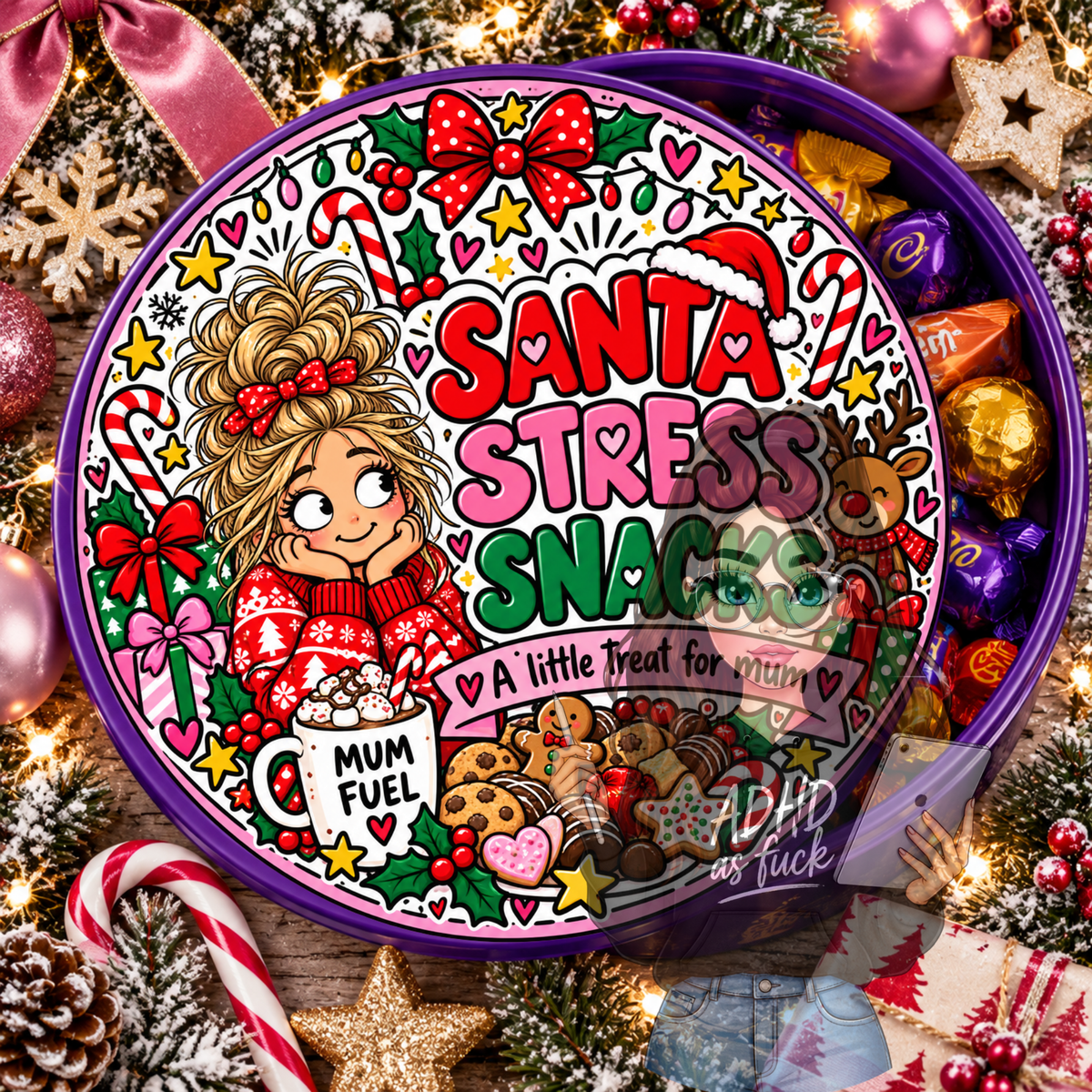 Chaotic Mum Christmas Chocolate Tub Stickers PNG Bundle | 9 Festive Mum Designs | Digital Download