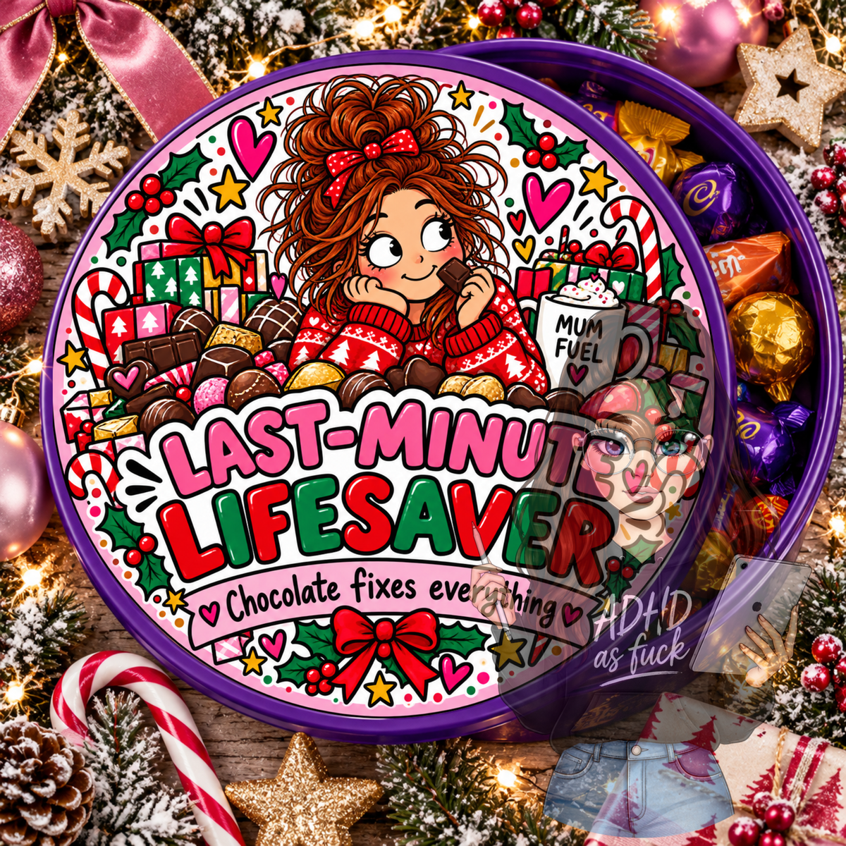 Chaotic Mum Christmas Chocolate Tub Stickers PNG Bundle | 9 Festive Mum Designs | Digital Download