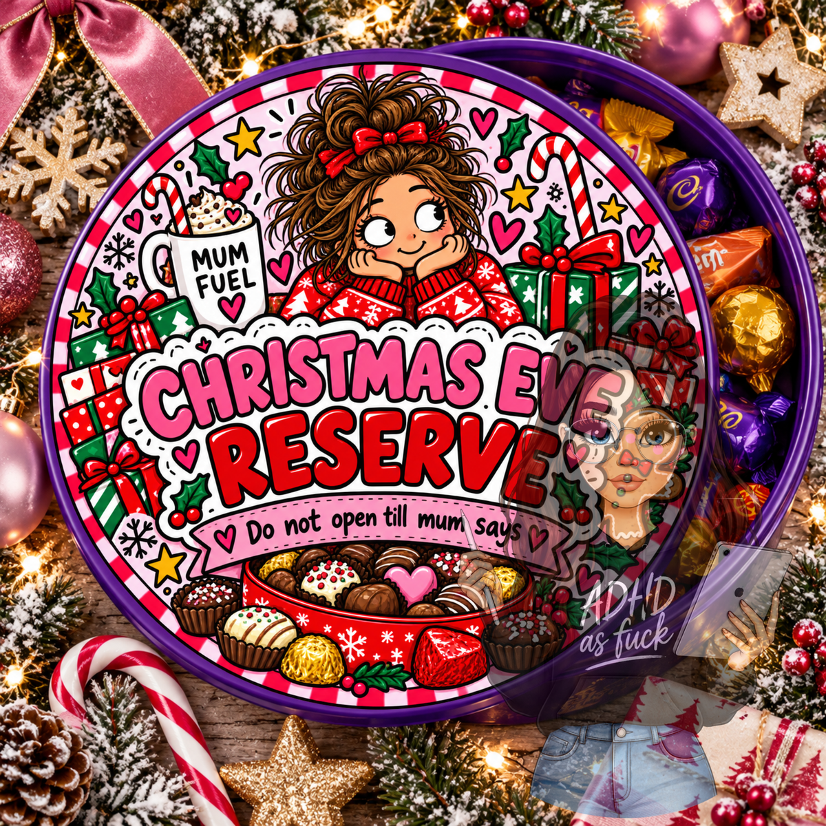 Chaotic Mum Christmas Chocolate Tub Stickers PNG Bundle | 9 Festive Mum Designs | Digital Download