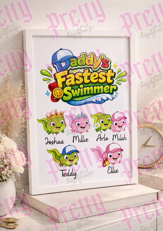 Daddy’s Fastest Swimmer Bundle – 4 Colour Title Styles + 9 Cute Tadpole Characters – Personalised Father’s Day PNG – Funny Baby Announcement – Digital Download
