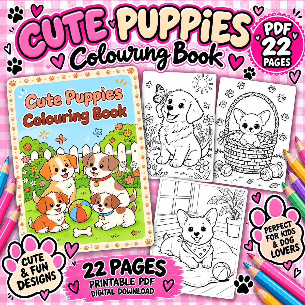 Cute Puppies Colouring Book | 22 Page Printable PDF | Kids Dog Colouring Pages | Instant Digital Download