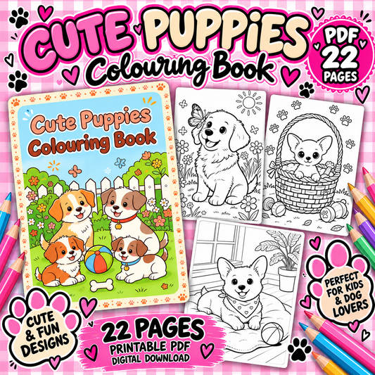 Cute Puppies Colouring Book | 22 Page Printable PDF | Kids Dog Colouring Pages | Instant Digital Download