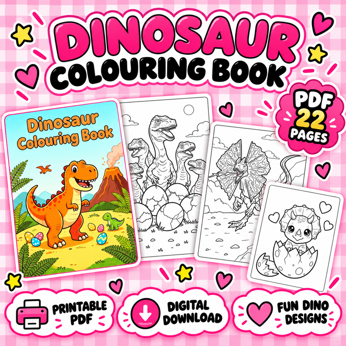Dinosaur Colouring Book for Kids | 22 Page Printable PDF | Cute Dino Colouring Pages | Instant Digital Download