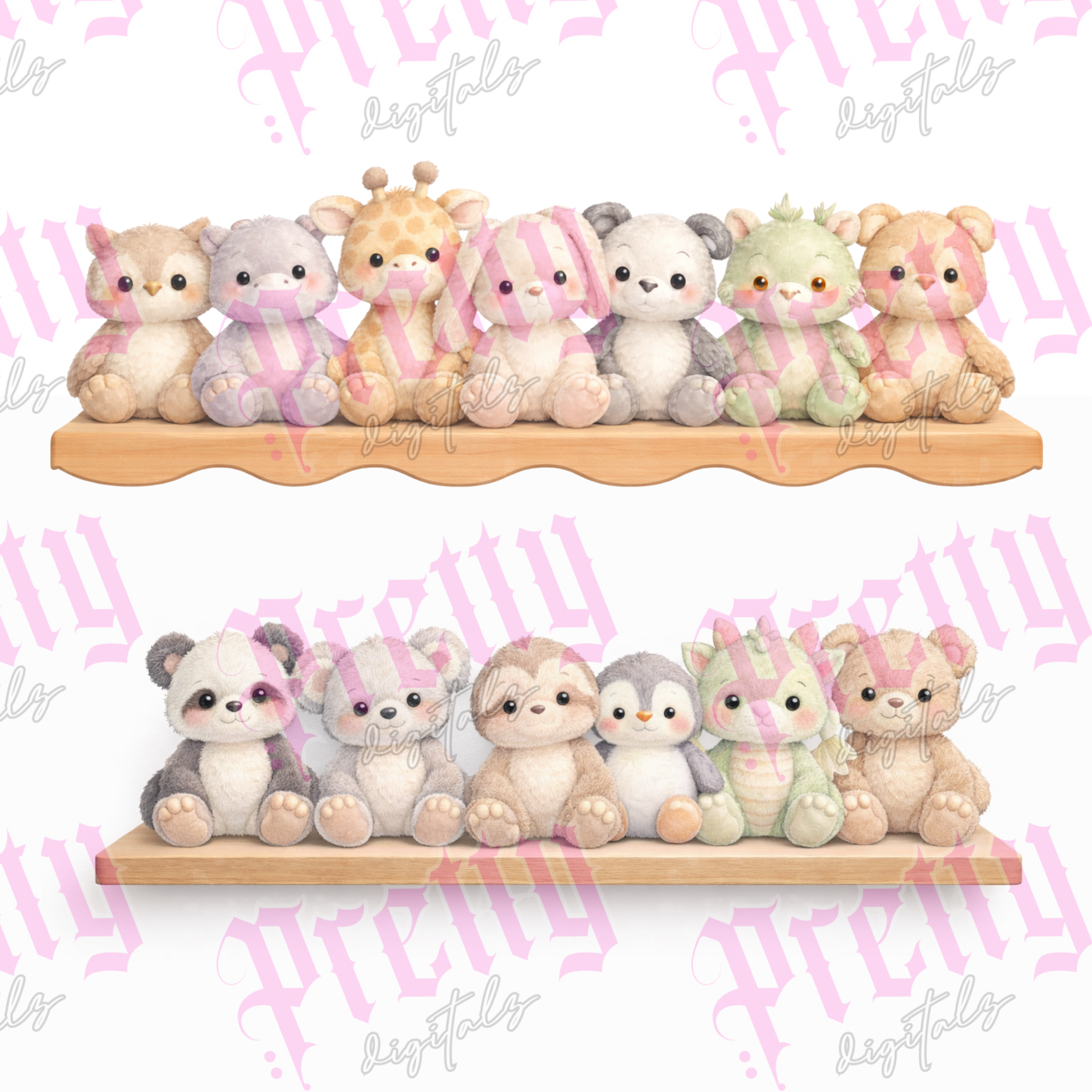 Nursery Plush Watercolour Clipart Bundle • 12 Baby Animals + 3 Wooden Shelves • Cute Teddy Illustrations for Wall Art, Scrabble Tile Frames, Nursery Prints & Kids Room Decor • PNG Kit