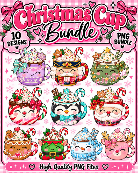 Christmas Hot Chocolate Cup PNG Bundle | 10 Cute Christmas Mug Designs | Sublimation Digital Download