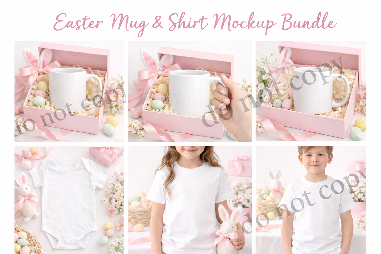 Easter Mug & Shirt Mockup Bundle – Pastel Pink Spring Mockups for Mugs, Baby Vests & Kids T-Shirts | High-Quality Styled Easter Mockupsz