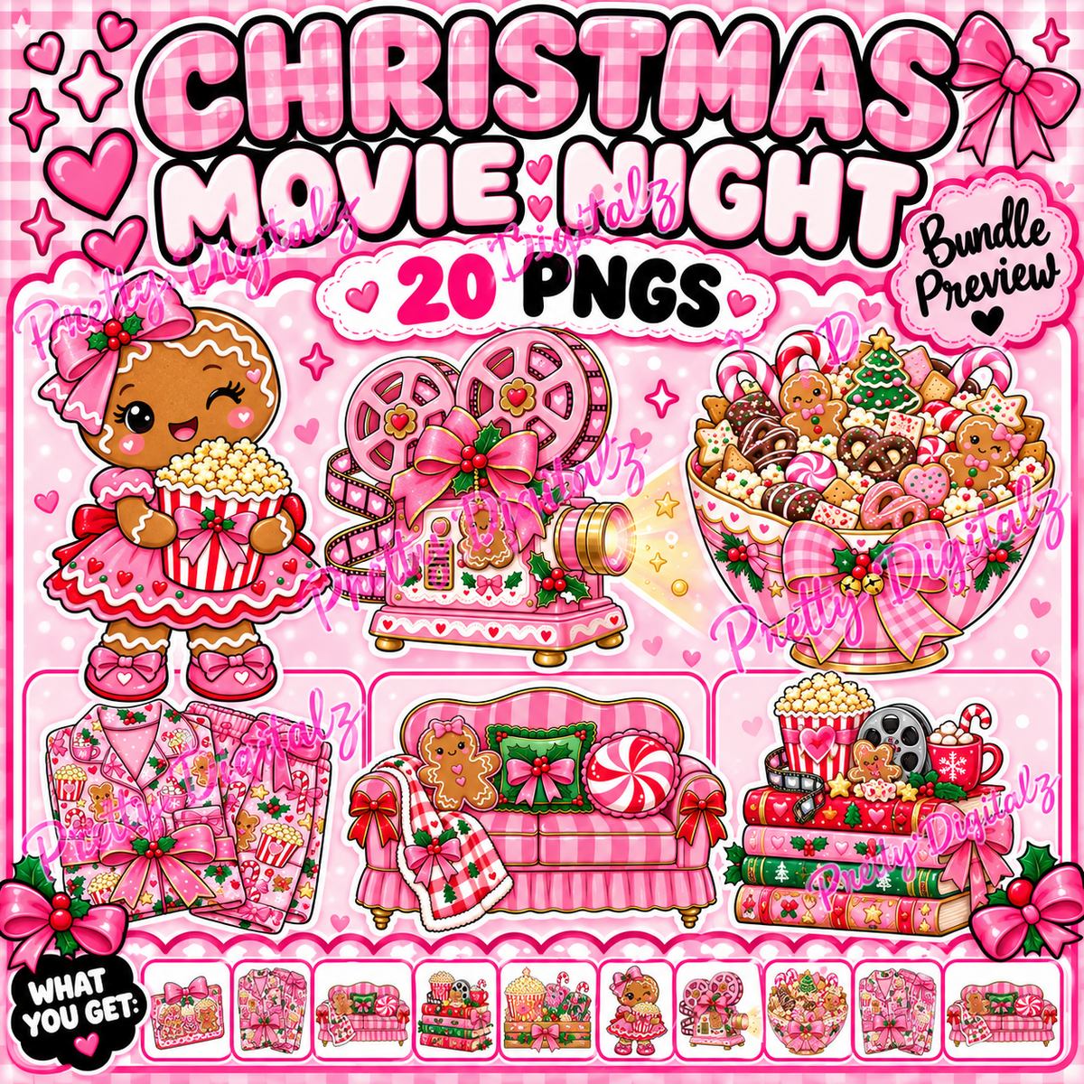 Christmas Movie Night PNG Bundle | 20 Pink Christmas Clipart Designs | Sublimation PNG Digital Download