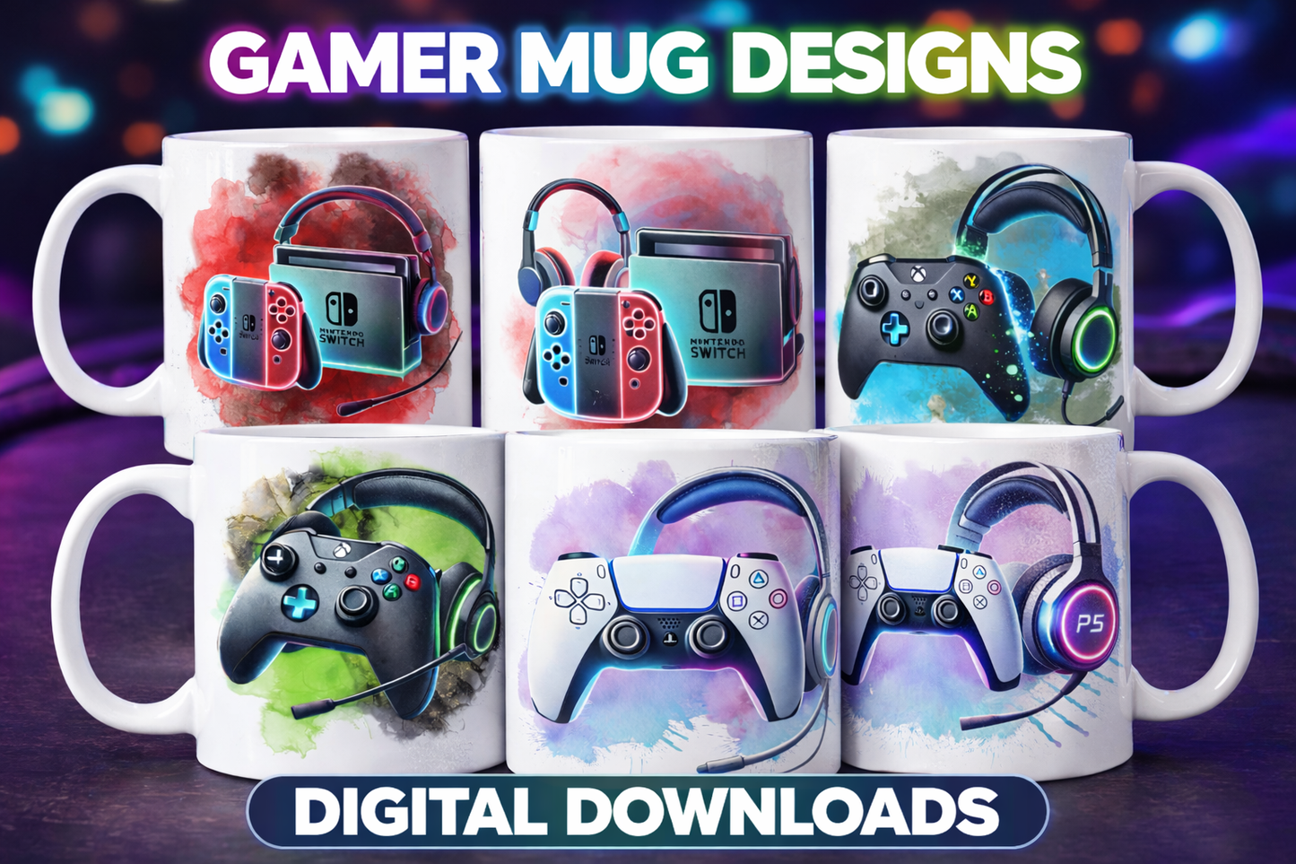 Gamer Mug Designs Bundle | Nintendo Switch, Xbox & PS5 Mug Wraps | Gaming Controller Mug Sublimation PNG | Instant Digital Download | Gamer Gift Printables