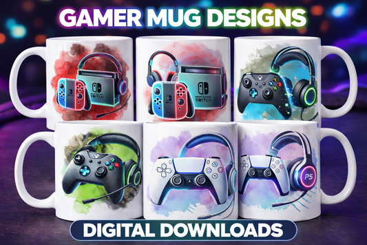 Gamer Mug Designs Bundle | Nintendo Switch, Xbox & PS5 Mug Wraps | Gaming Controller Mug Sublimation PNG | Instant Digital Download | Gamer Gift Printables