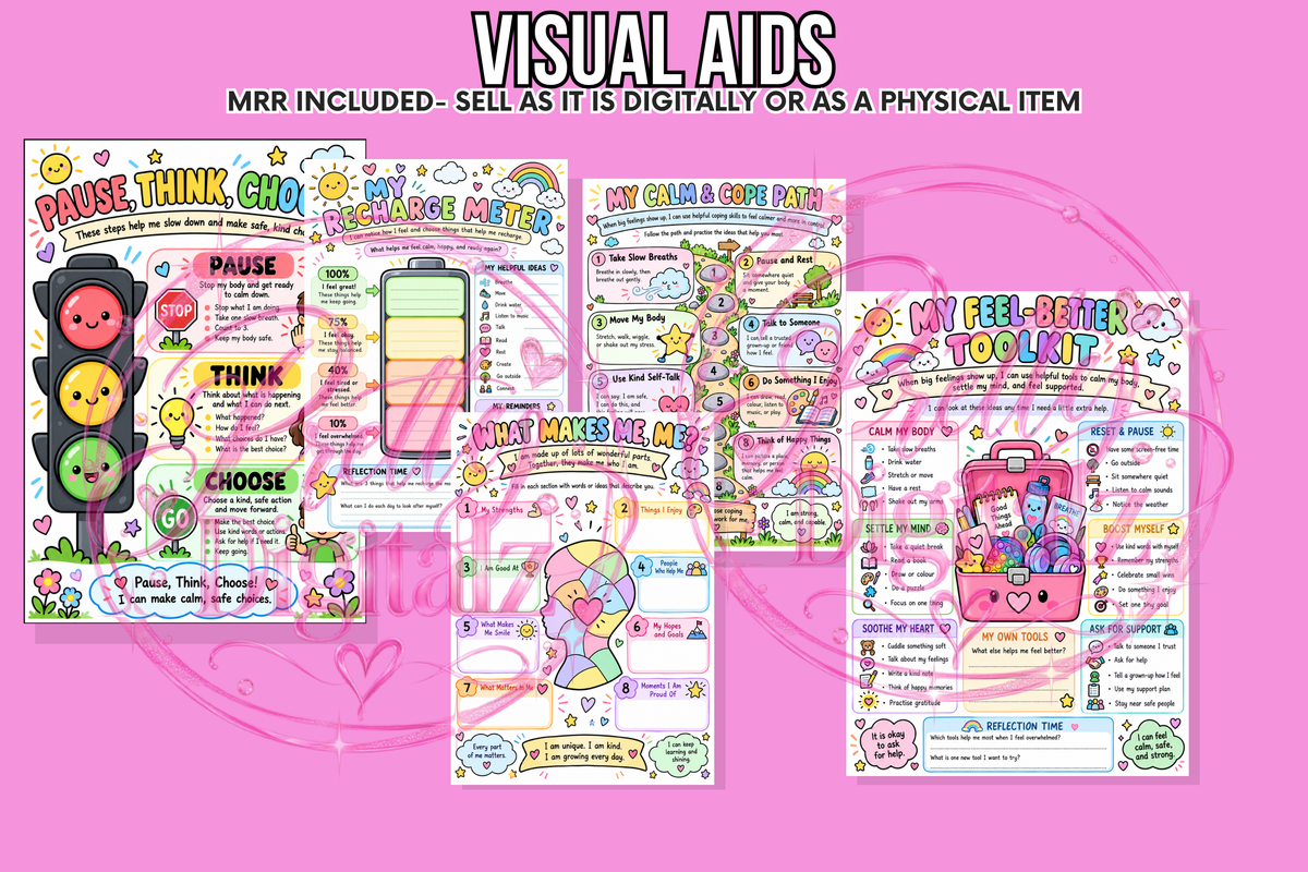 Kids Visual Aids & Emotional Regulation Pack | 5 Printable Worksheets | MRR Included | Digital Download