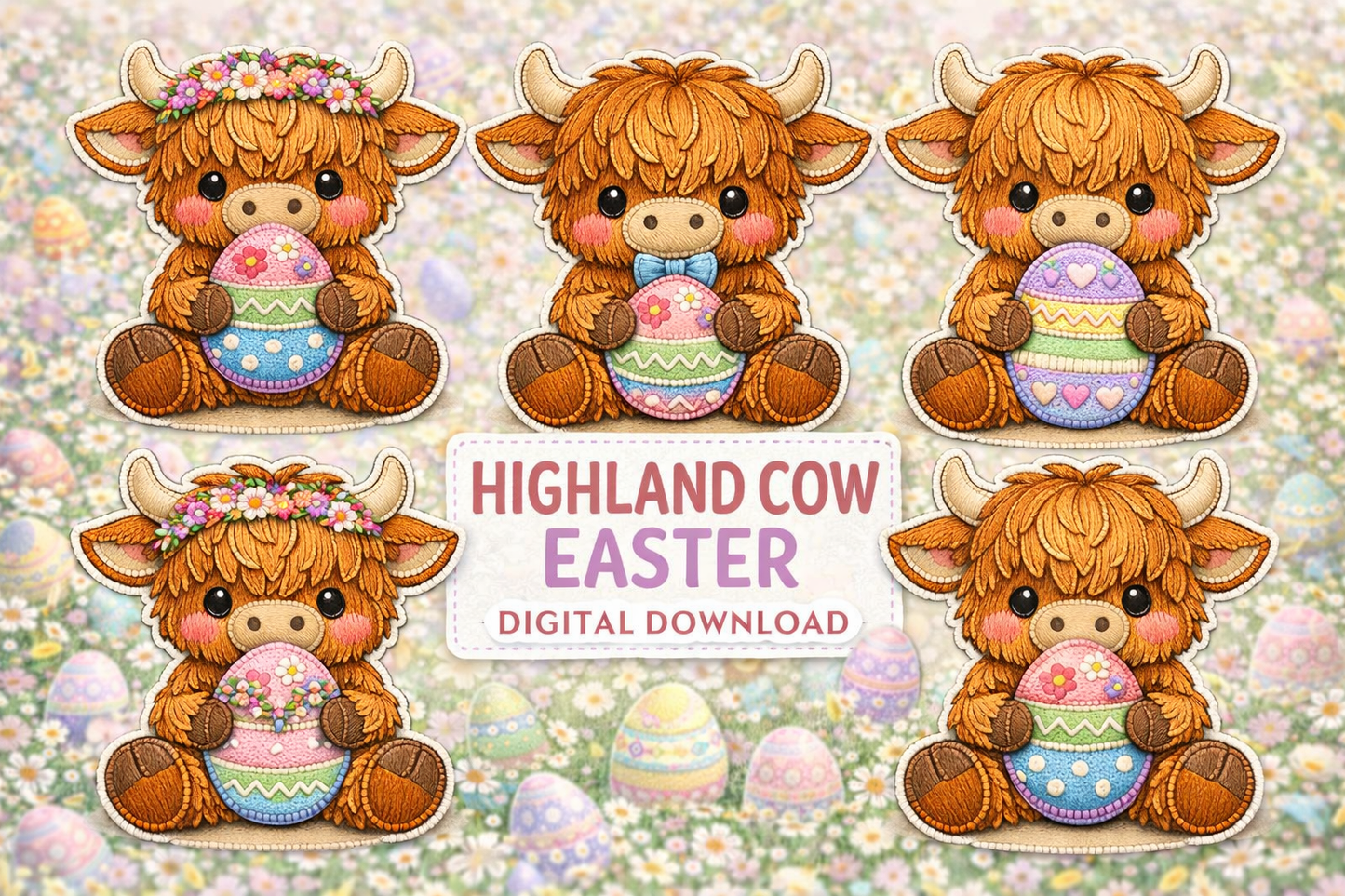 Highland Cow Easter Digital Download Bundle – Faux Embroidery Appliqué Clipart Set (6 Designs, PNG, 300dpi)