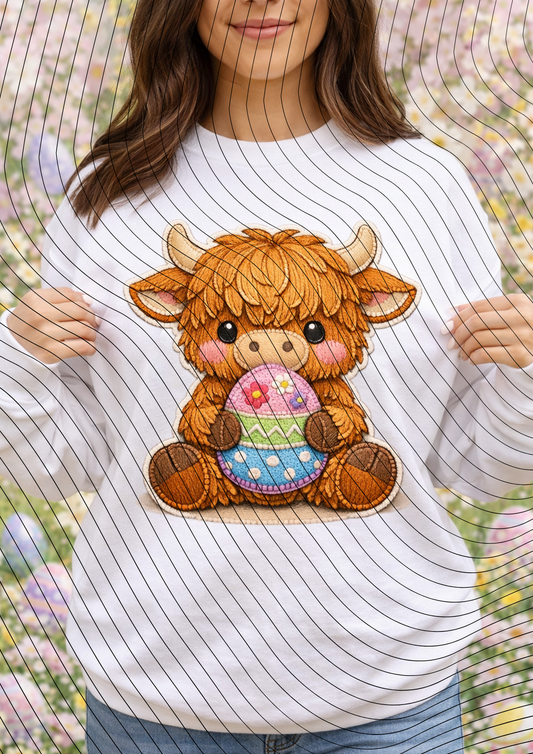 Highland Cow Easter Digital Download Bundle – Faux Embroidery Appliqué Clipart Set (6 Designs, PNG, 300dpi)