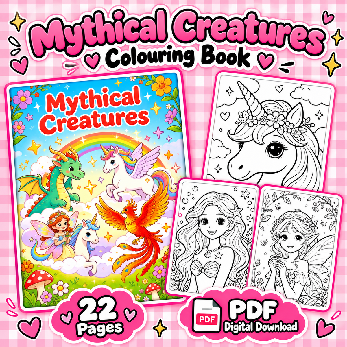 Mythical Creatures Colouring Book | 22 Page PDF Digital Download | Unicorns, Fairies, Mermaids & Dragons