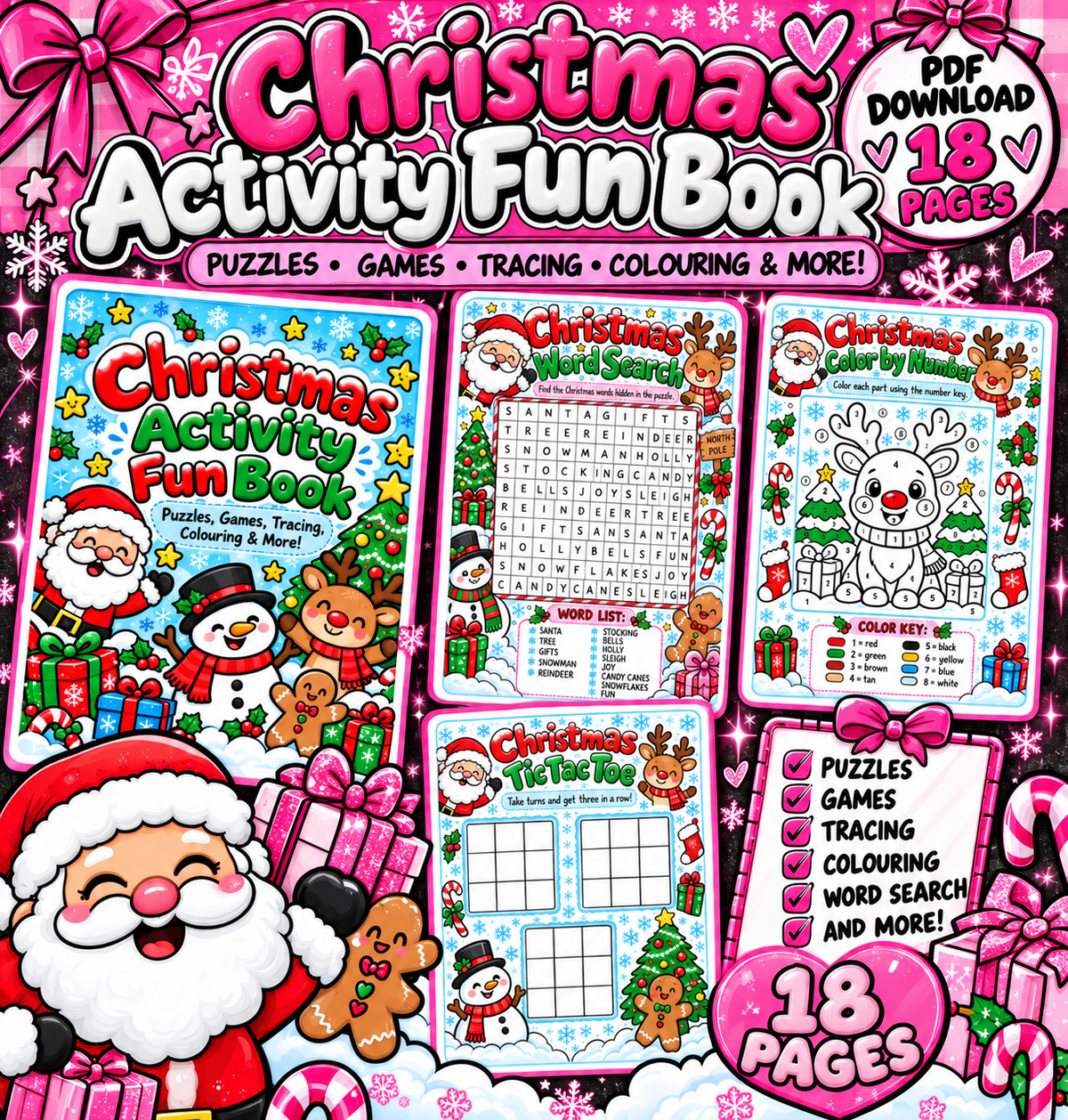 Christmas Activity Fun Book for Kids | 18 Page Printable PDF | Christmas Games, Puzzles, Colouring & Tracing